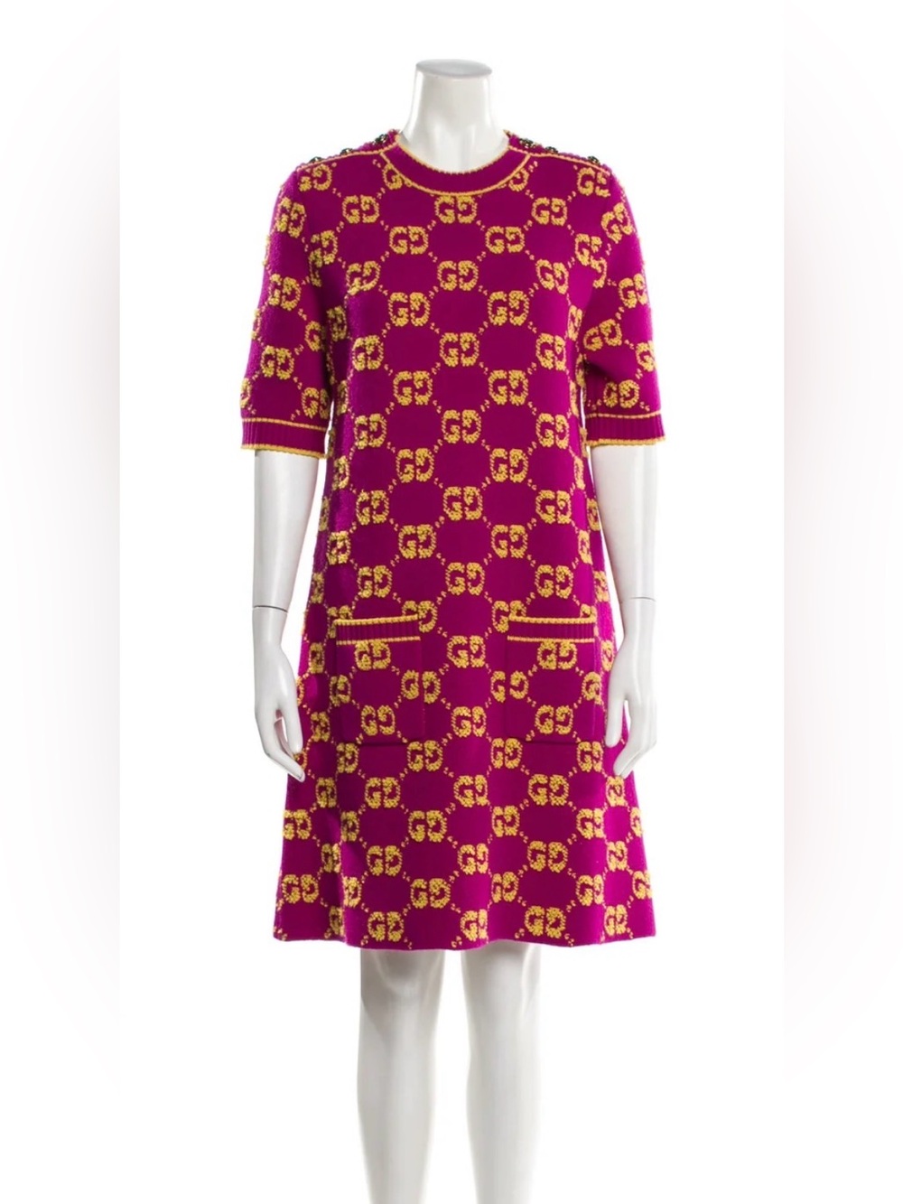 Gucci Fuchsia and Yellow Logo Knit A-Line Dress embedded button with Gucci Logo